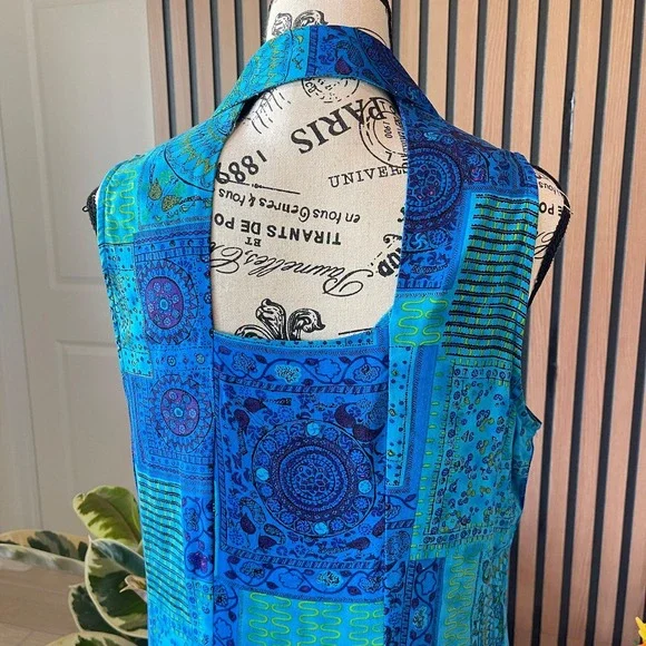 Scarlett Paisley Patchwork Maxi Dress Button Front Sleeveless Blue Size 14 - Picture 4 of 8